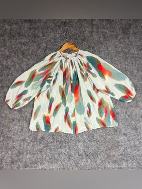 Tucker Light Blue Multicolor Feather-Print Blouse Size L